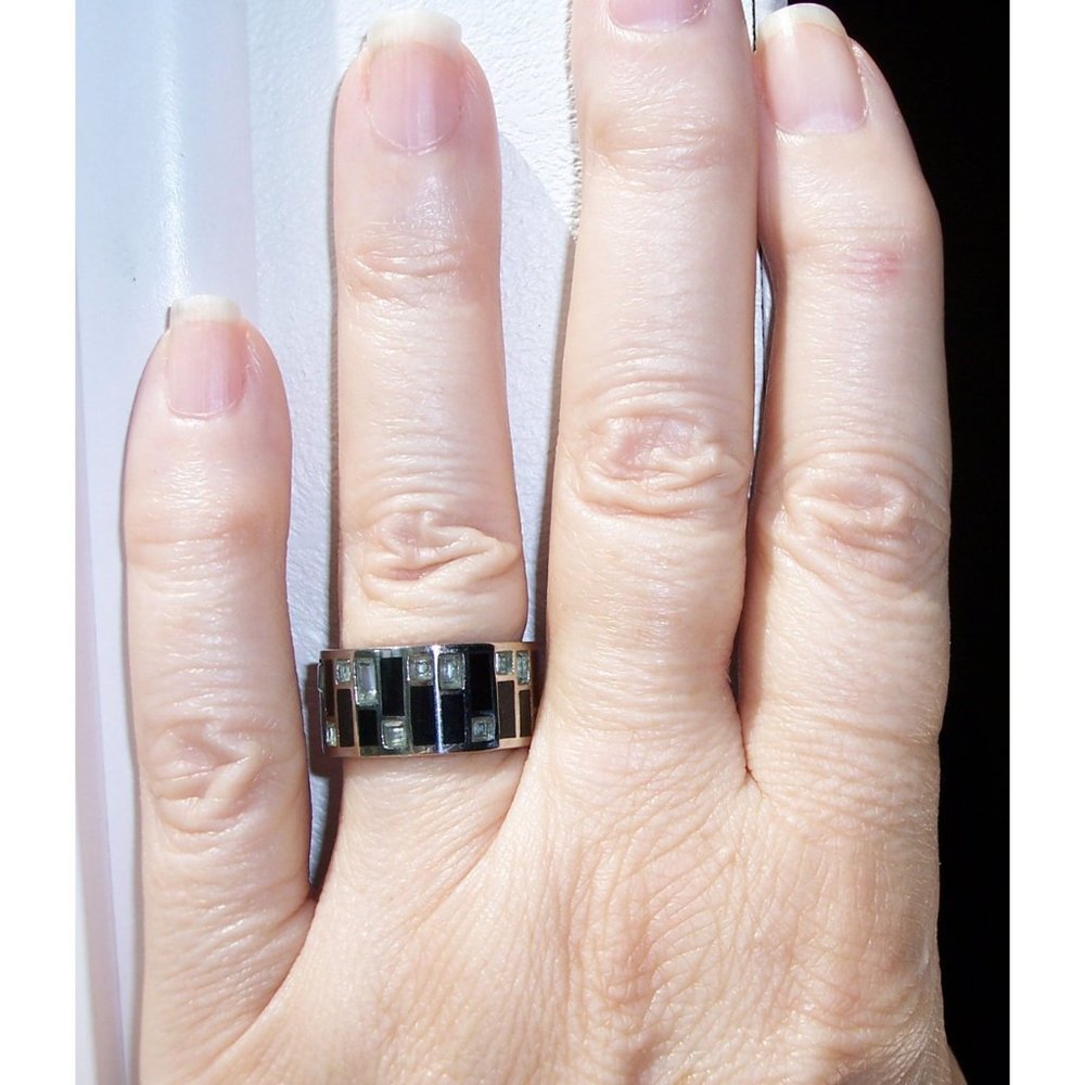 STAINLESS STEEL Sea Blue CZ Art Deco Band Ring - Picture 11 of 16